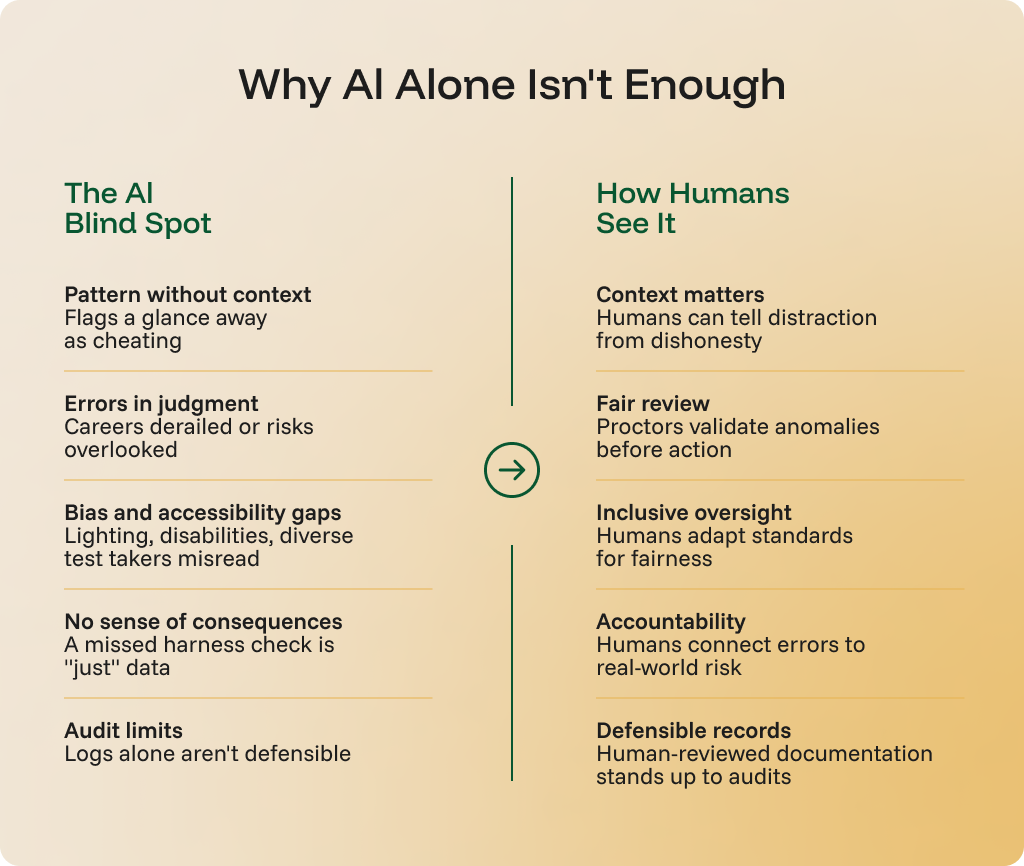 Designed graphic with two columns of text explaining AI blind spots and how humans view them.