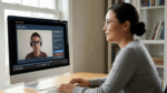 A woman takes an online exam while a proctor appears on her computer screen, demonstrating hybrid AI and human-reviewed proctoring.