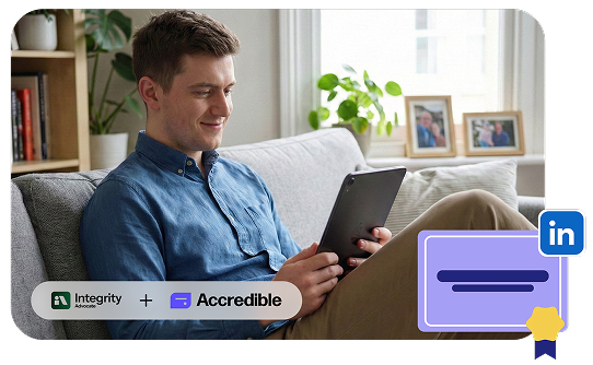 Professional test-taker using a tablet at home with Integrity Advocate and Accredible logos, representing secure online proctoring integrated with digital credential issuance.
