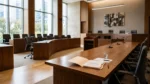 Empty modern courtroom with wood-paneled gallery seating, a judge's bench, and an open case file on the counsel table